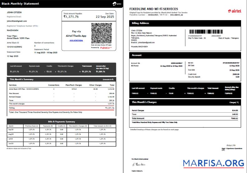 Printable India Airtel utility bill template in Word and PDF formats, 2 pages, version 5